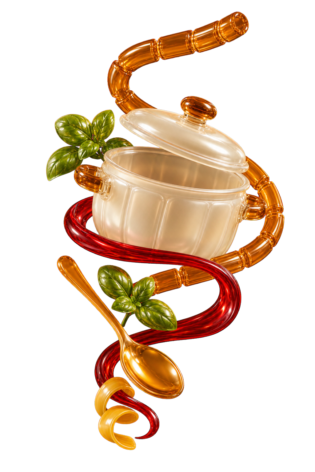 Pearl cooking pot wrapped in glossy timer rings, herbs, and a serving spoon