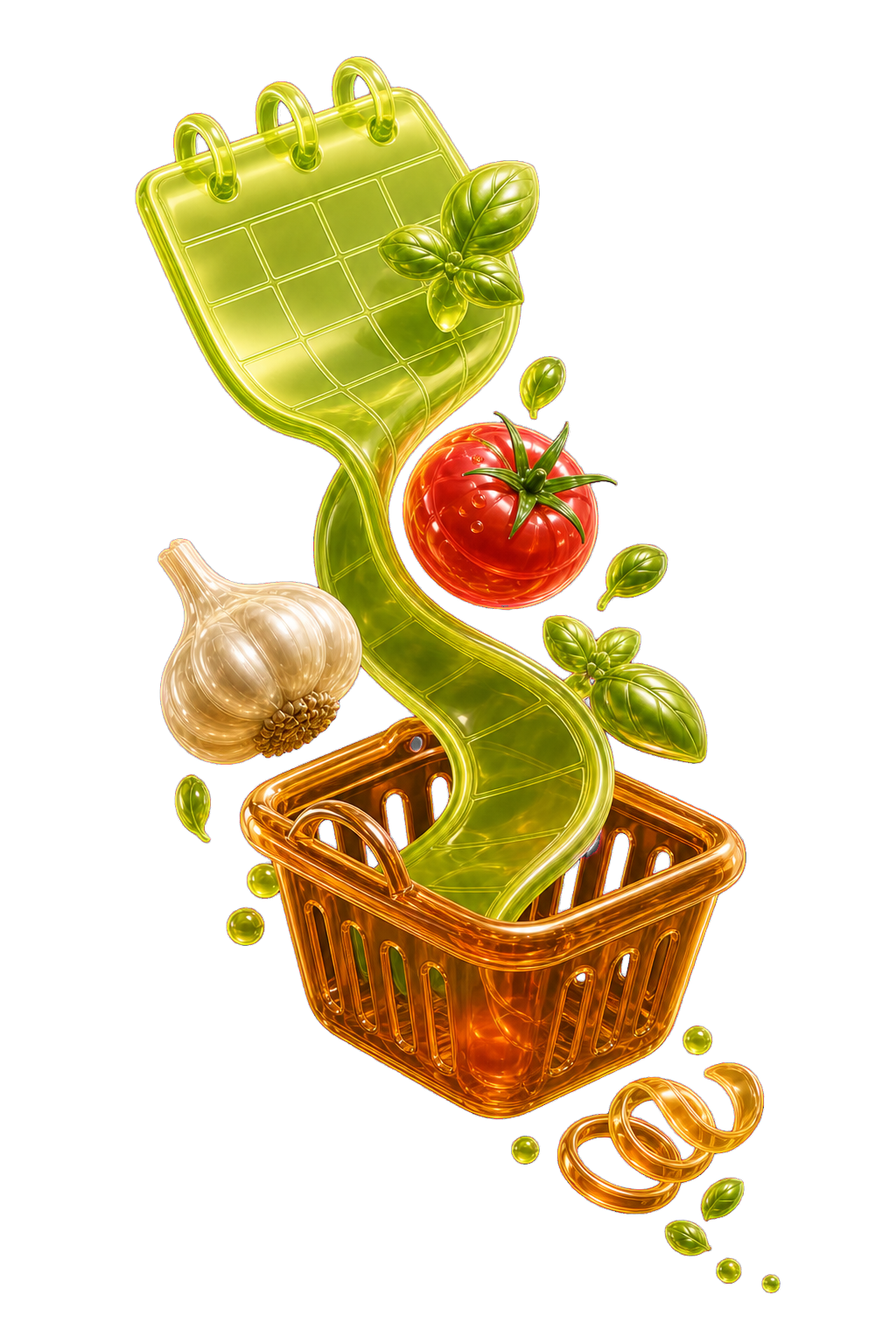 Glossy green meal calendar flowing into an amber grocery basket